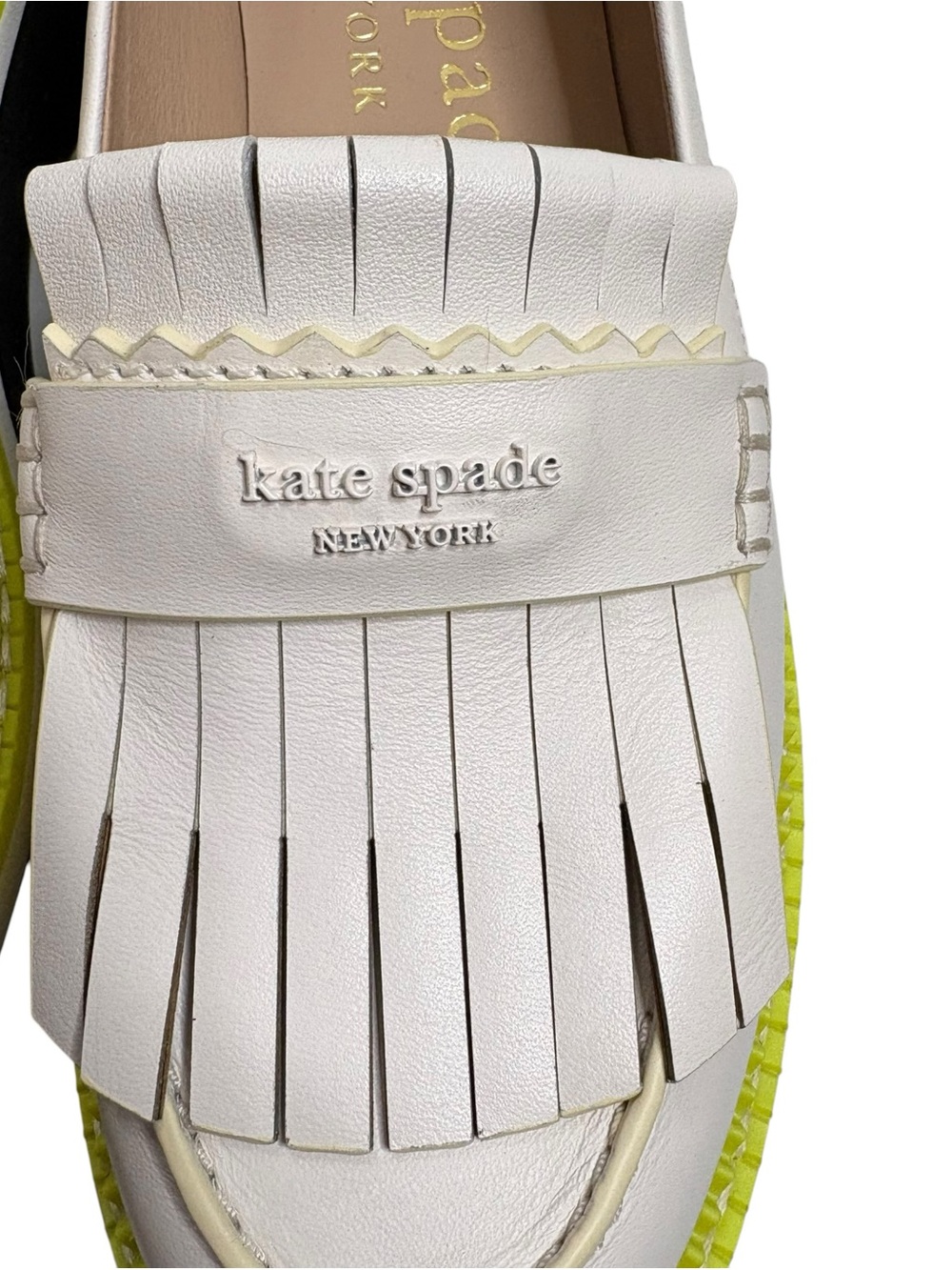 kate spade Caddy Cream Leather Kiltie Fringe Loafers with Yellow Trim NWT $238 - Picture 5 of 9
